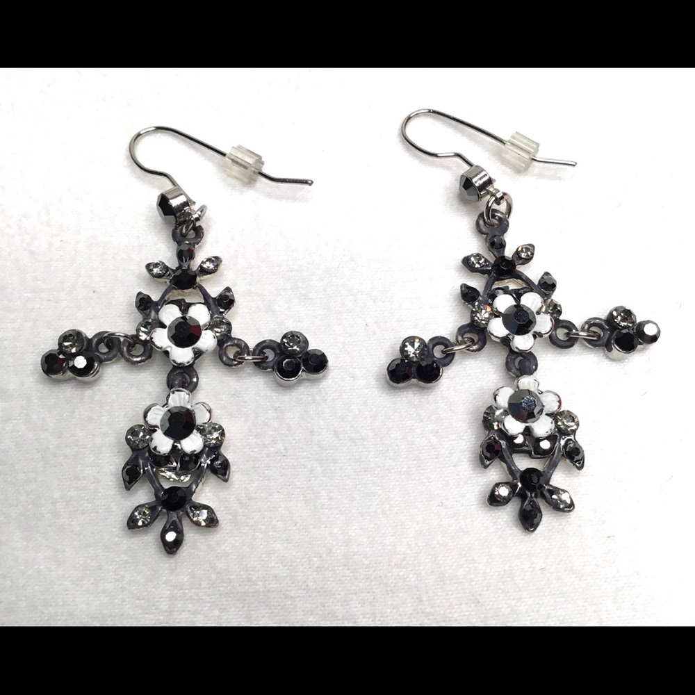 💎Silver Tone Black Rhinestones Daisy Flower Earrings Floral Vintage